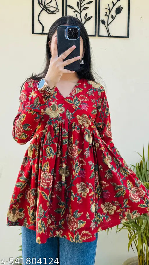Women Floral Print Pure Cotton Red Flared Kurta