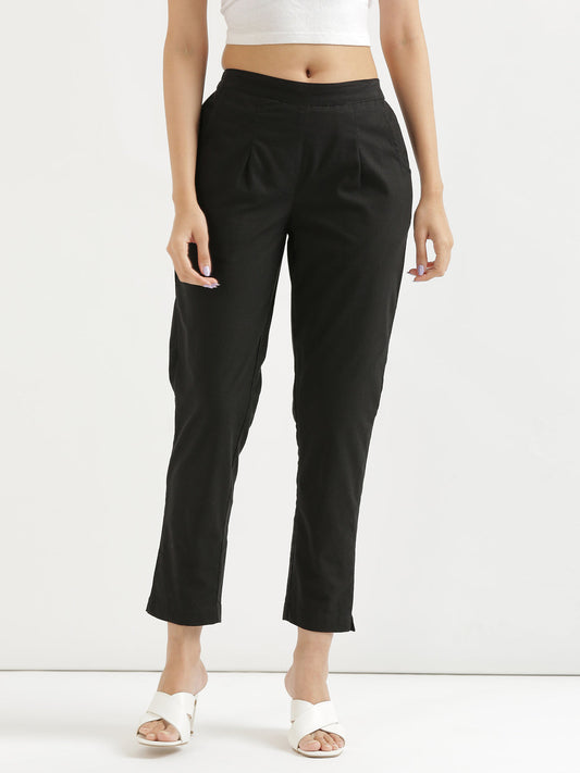 Women Regular Fit Black Pure Cotton Trousers