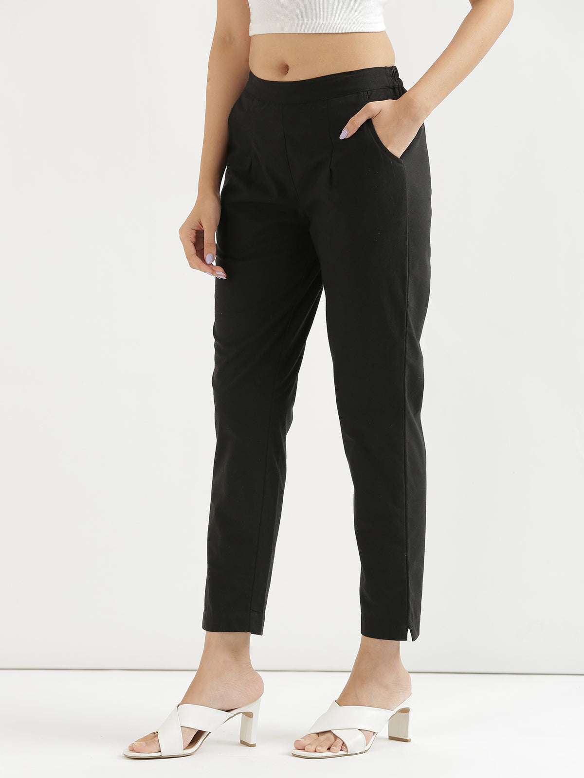 Women Regular Fit Black Pure Cotton Trousers