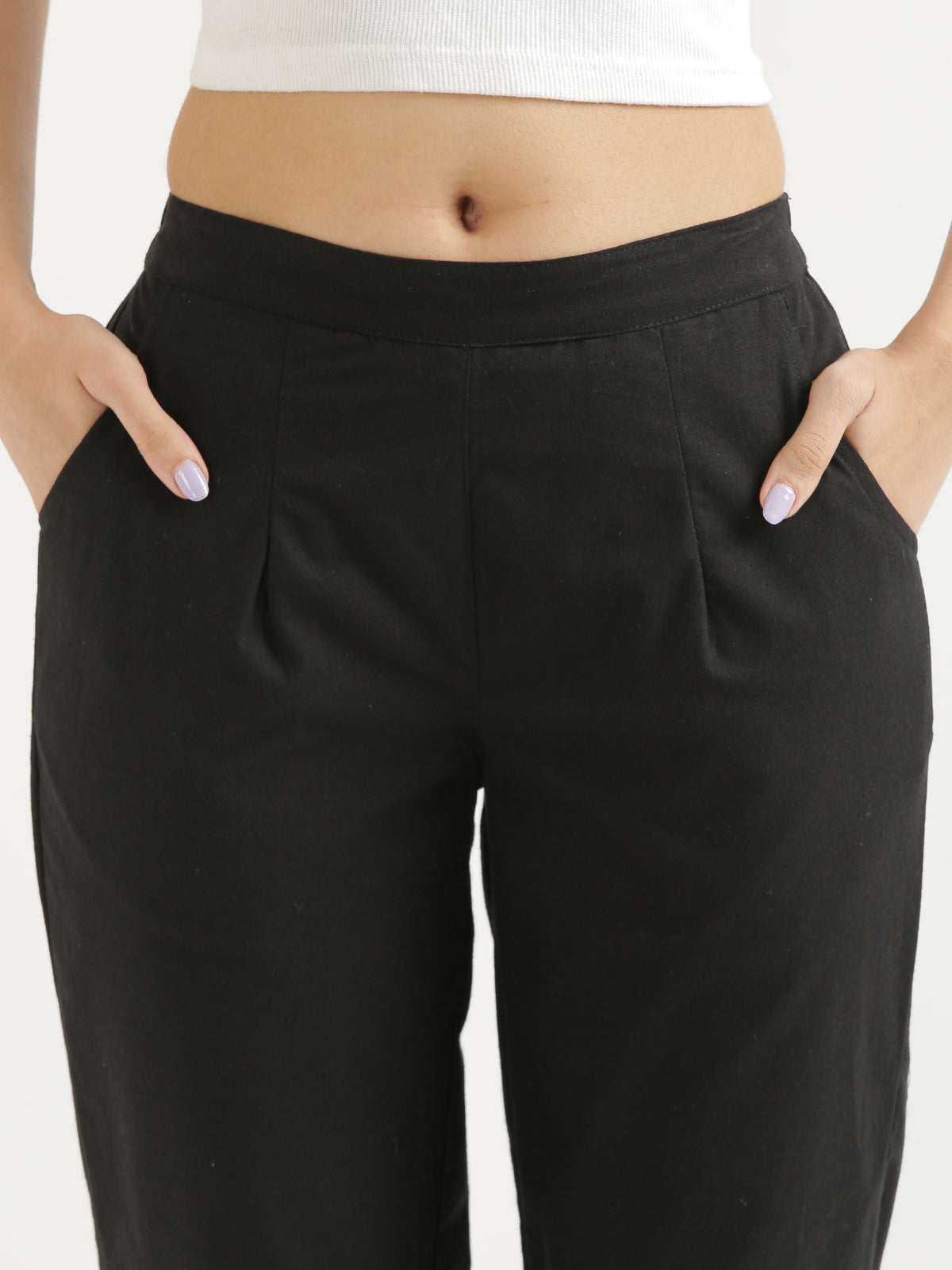 Women Regular Fit Black Pure Cotton Trousers