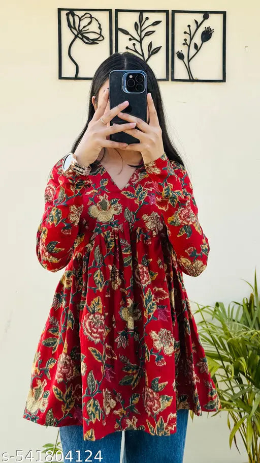 Women Floral Print Pure Cotton Red Flared Kurta