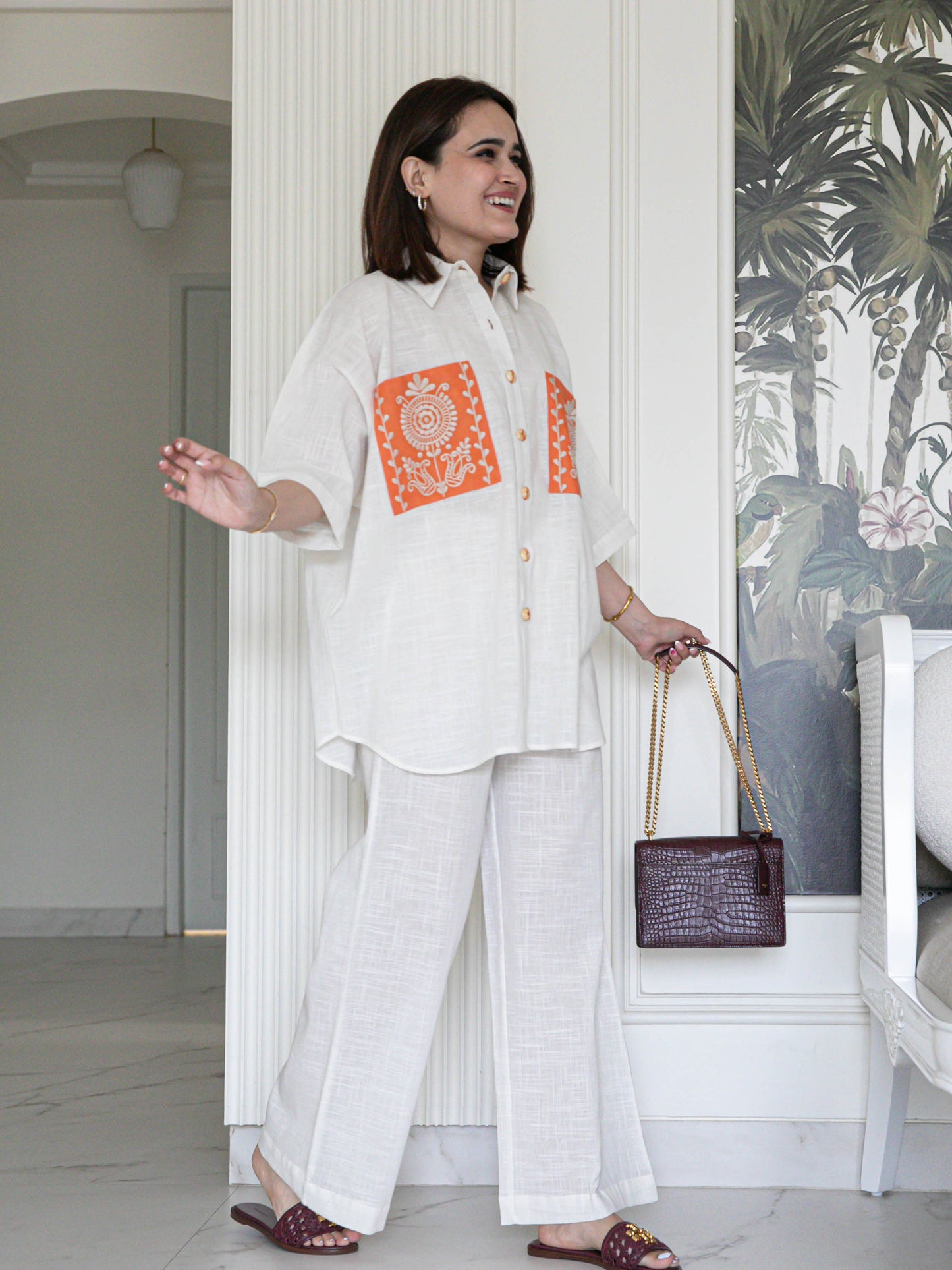 Elegant Cotton Slub Co-ord Set with Floral Embroidered Pockets & Fancy Buttons | Women’s Summer Outfit