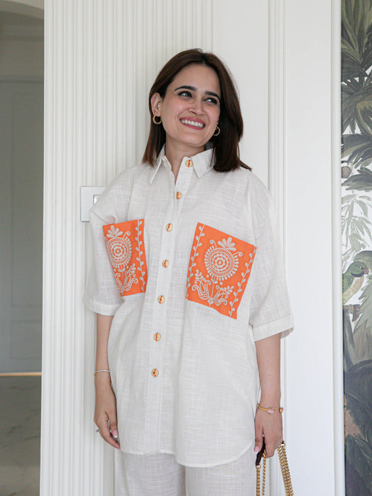Elegant Cotton Slub Co-ord Set with Floral Embroidered Pockets & Fancy Buttons | Women’s Summer Outfit