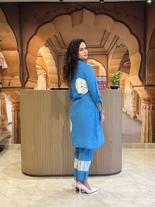 Blue Tie Dye Cotton Kurta Pant Set | Handmade Summer Co-ord Set | Designer Ethnic Outfit | Plus Size Kurti Set