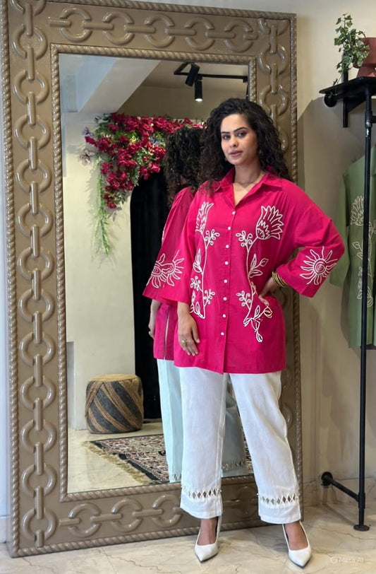 Hot Pink Cotton Kurta Pant Set | Heavy Embroidery Work | 2-Piece Ethnic Outfit with Pocket | Plus Size Kurti Set