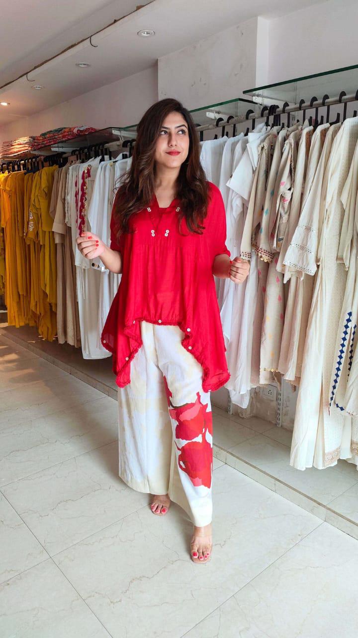 Cotton Co-ord Set for Women | Loose Fit Kaftan Top with Wide Leg Palazzo Pants | Summer Outfit (Pink, Blue, Red Options)