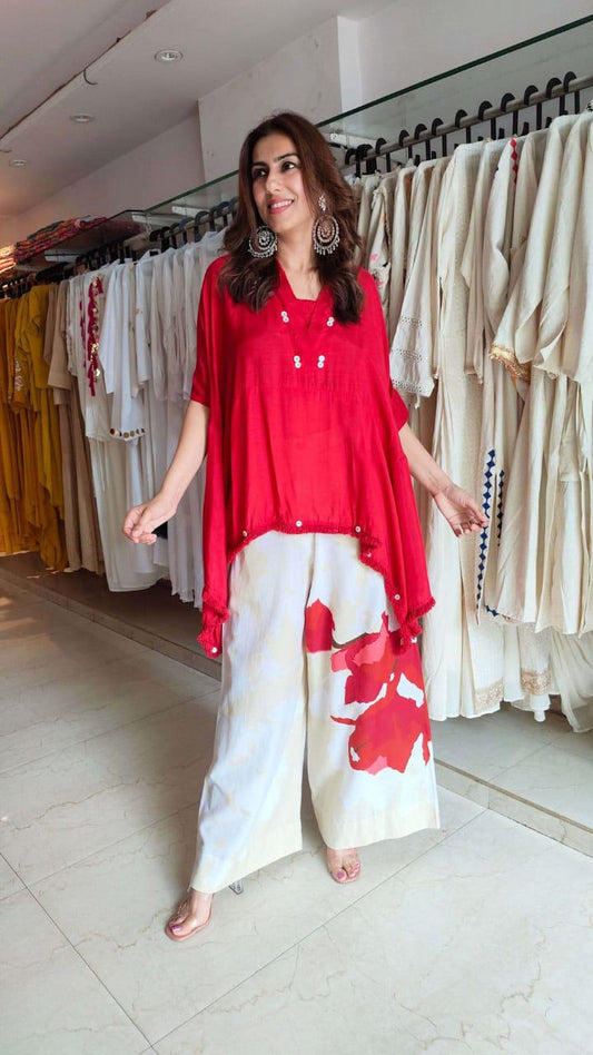 Cotton Co-ord Set for Women | Loose Fit Kaftan Top with Wide Leg Palazzo Pants | Summer Outfit (Pink, Blue, Red Options)