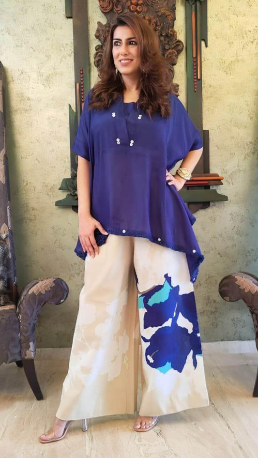 Cotton Co-ord Set for Women | Loose Fit Kaftan Top with Wide Leg Palazzo Pants | Blue Summer Outfit for Travel & Work