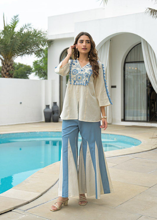 Chic Embroidered Co-Ord Set – Cotton Top with Kali Pants (Comfort Meets Style)