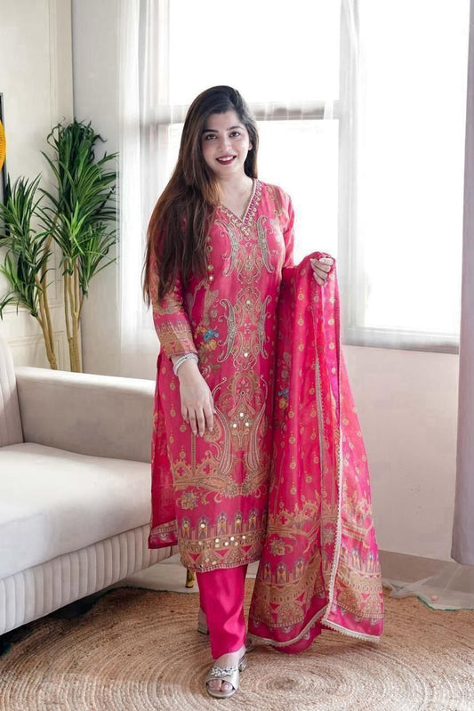 Multicoloured 3-Piece Suit Set in Satin with Heavy Work & Dupatta