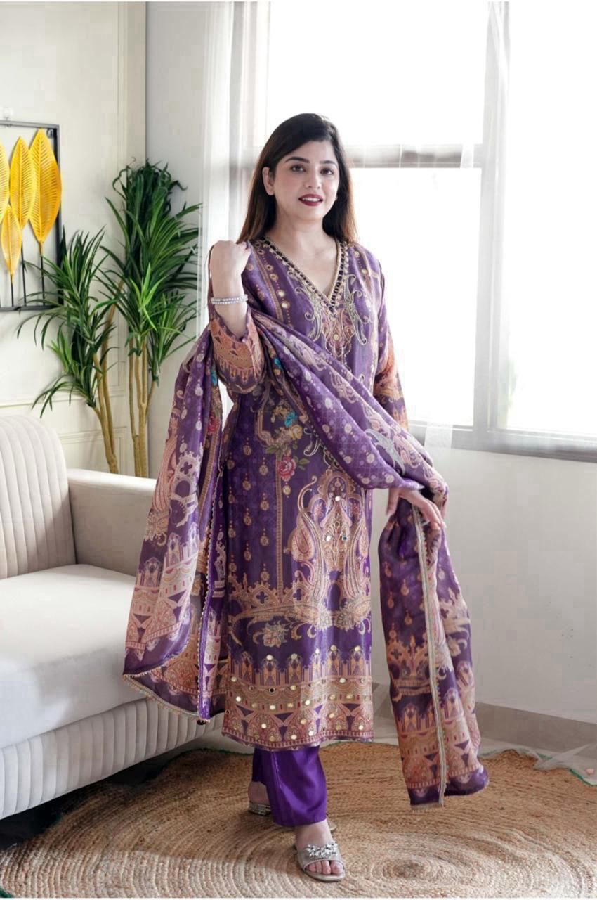 Multicoloured 3-Piece Suit Set in Satin with Heavy Work & Dupatta