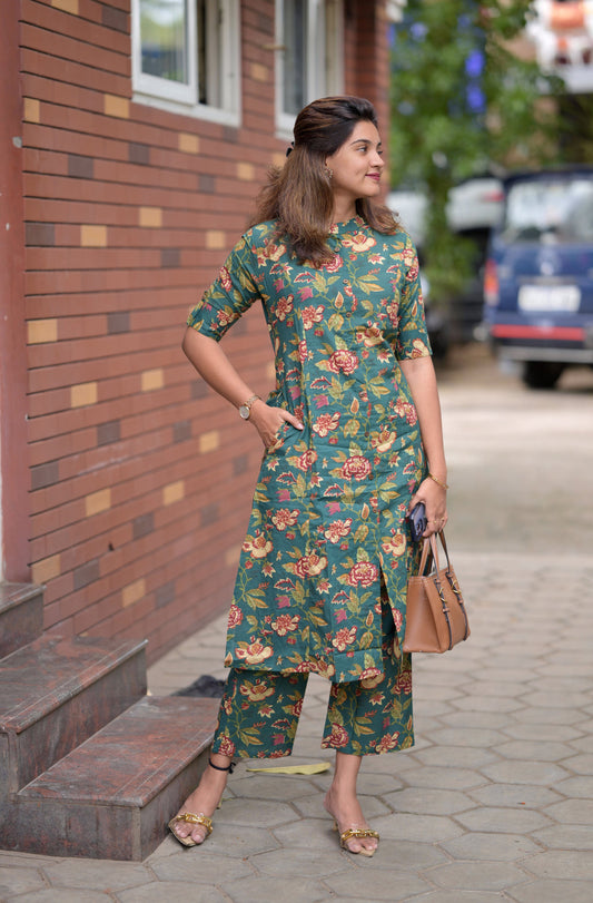 Elegant Green Style Pure Cotton Floral Printed Coord Set