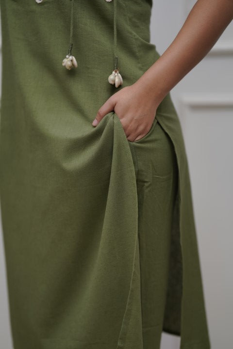 Handmade Olive Green Cotton Flex Co-ord Set | Sleeveless Kurta with Mirror Work & Pants | Ethnic Khadi Cotton Outfit