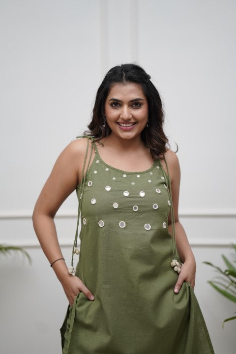 Handmade Olive Green Cotton Flex Co-ord Set | Sleeveless Kurta with Mirror Work & Pants | Ethnic Khadi Cotton Outfit