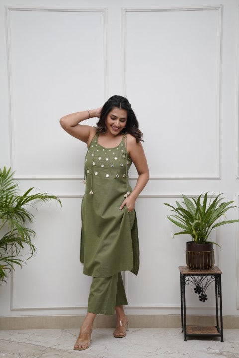 Handmade Olive Green Cotton Flex Co-ord Set | Sleeveless Kurta with Mirror Work & Pants | Ethnic Khadi Cotton Outfit