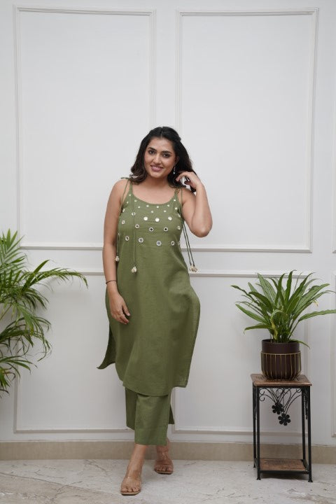Handmade Olive Green Cotton Flex Co-ord Set | Sleeveless Kurta with Mirror Work & Pants | Ethnic Khadi Cotton Outfit