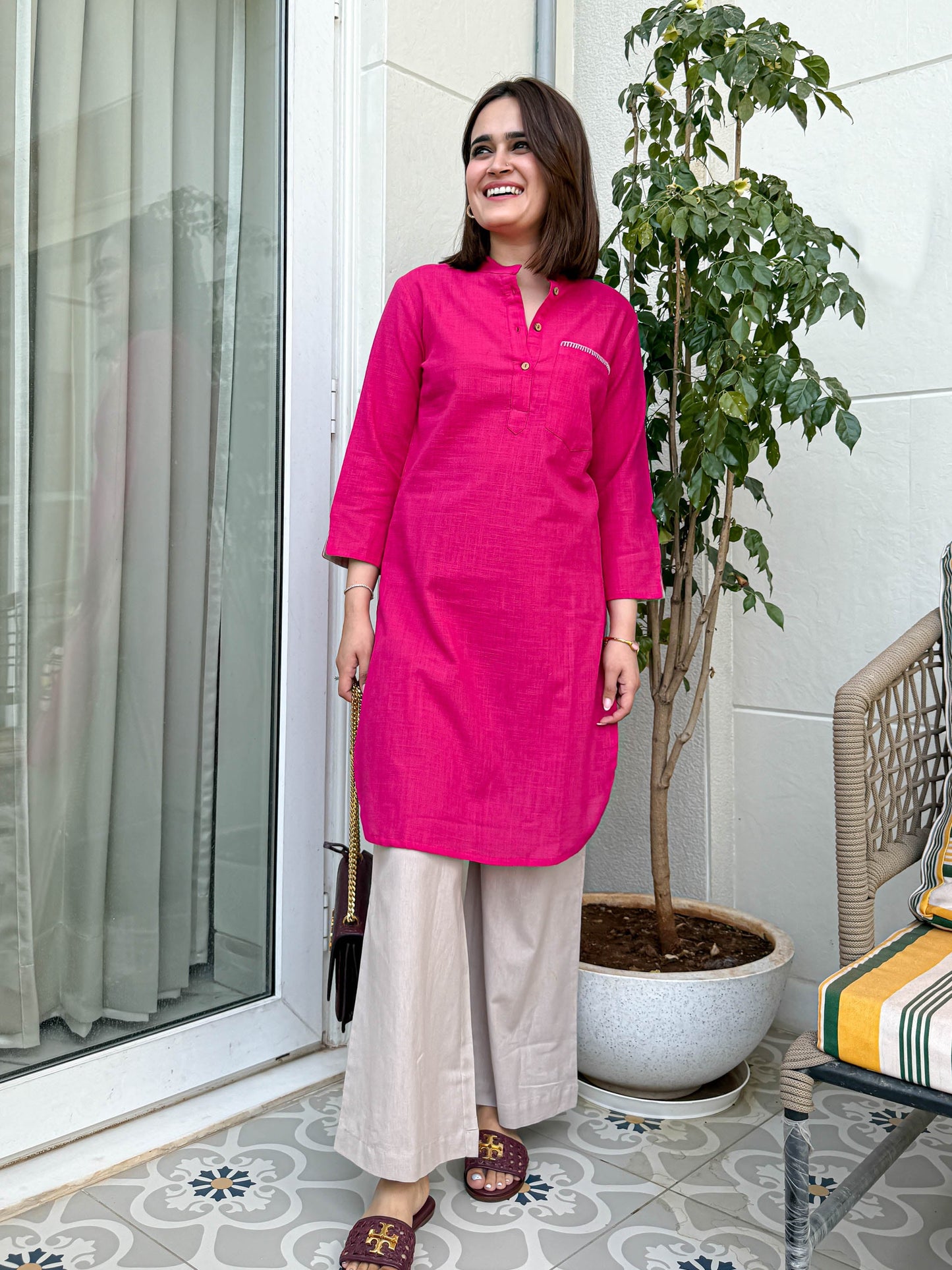 Women’s Pink Cotton Slub Kurta with Beige Cotton Flex Pants – Ethnic Co-ord Set
