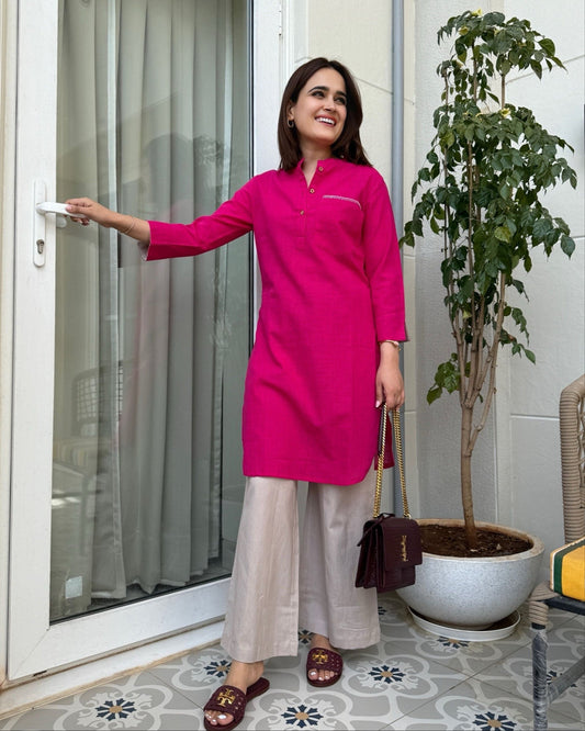 Women’s Pink Cotton Slub Kurta with Beige Cotton Flex Pants – Ethnic Co-ord Set