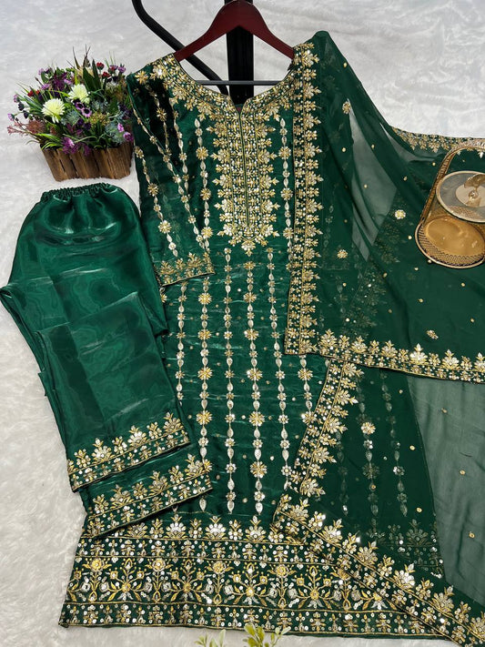 3 PIECE STYLISH KURTI,BOTTOM AND DUPATTA WITH BEAUTIFUL EMBROIDERY SEQUENCE WORK |