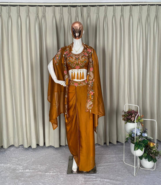 WEDDING SEASON OUR 3 PIECE INDO WESTERN SHRUG ,DHOTI AND BLOUSE WITH SEQUENCE EMBROIDERY WORK