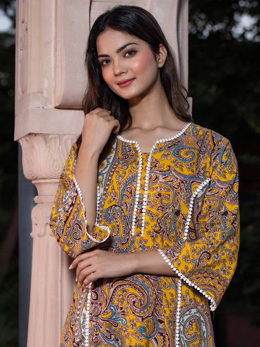 Women Self Design Cotton Pure Pakistani Long Kurta (Yellow)