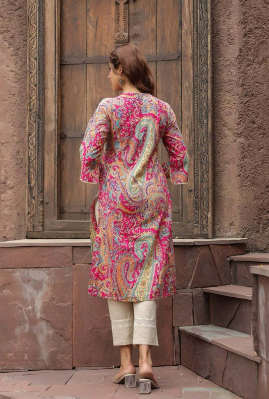 Women Self Design Cotton Pure Pakistani Long Kurta (Pink)