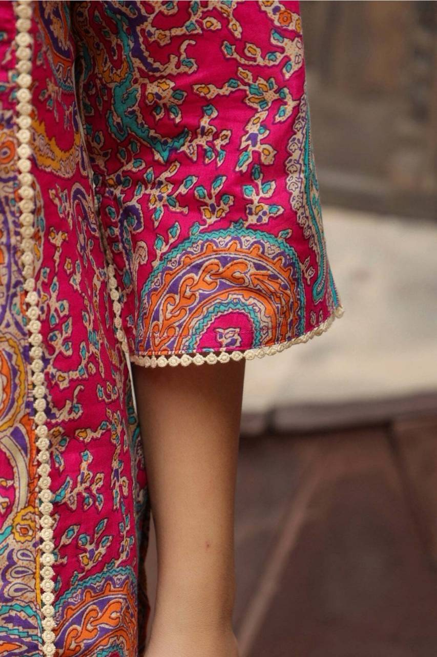 Women Self Design Cotton Pure Pakistani Long Kurta (Pink)
