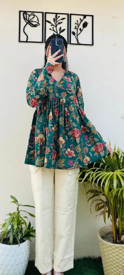 Women Floral Print Pure Cotton Green Flared Kurta