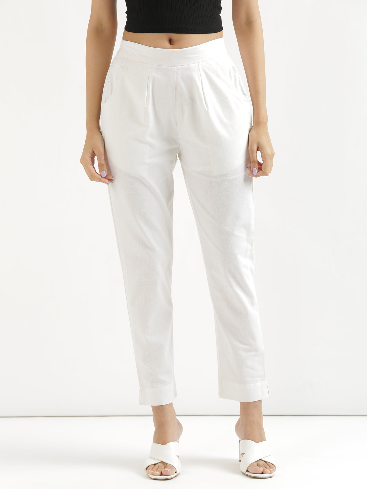 Women Regular Fit Black Pure Cotton Trousers