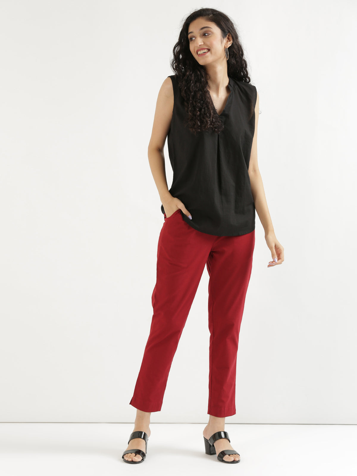 Women Regular Fit Black Pure Cotton Trousers
