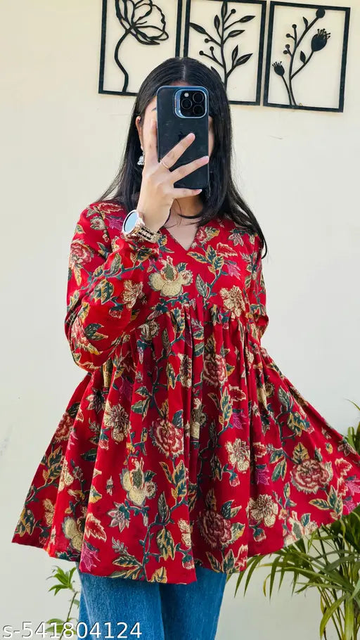 Women Floral Print Pure Cotton Red Flared Kurta