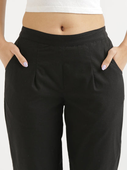 Women Regular Fit Black Pure Cotton Trousers