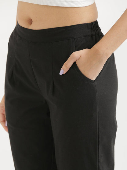 Women Regular Fit Black Pure Cotton Trousers