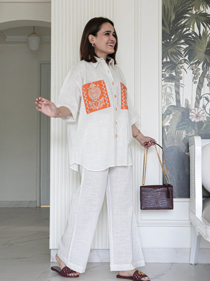 Elegant Cotton Slub Co-ord Set with Floral Embroidered Pockets & Fancy Buttons | Women’s Summer Outfit