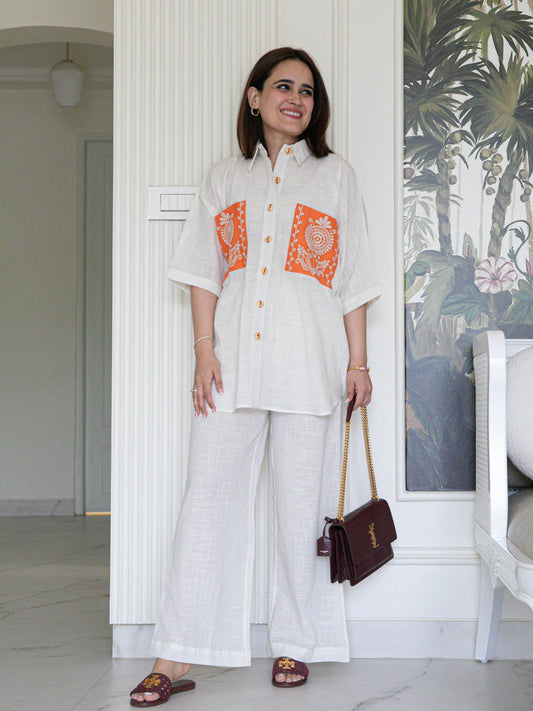 Elegant Cotton Slub Co-ord Set with Floral Embroidered Pockets & Fancy Buttons | Women’s Summer Outfit