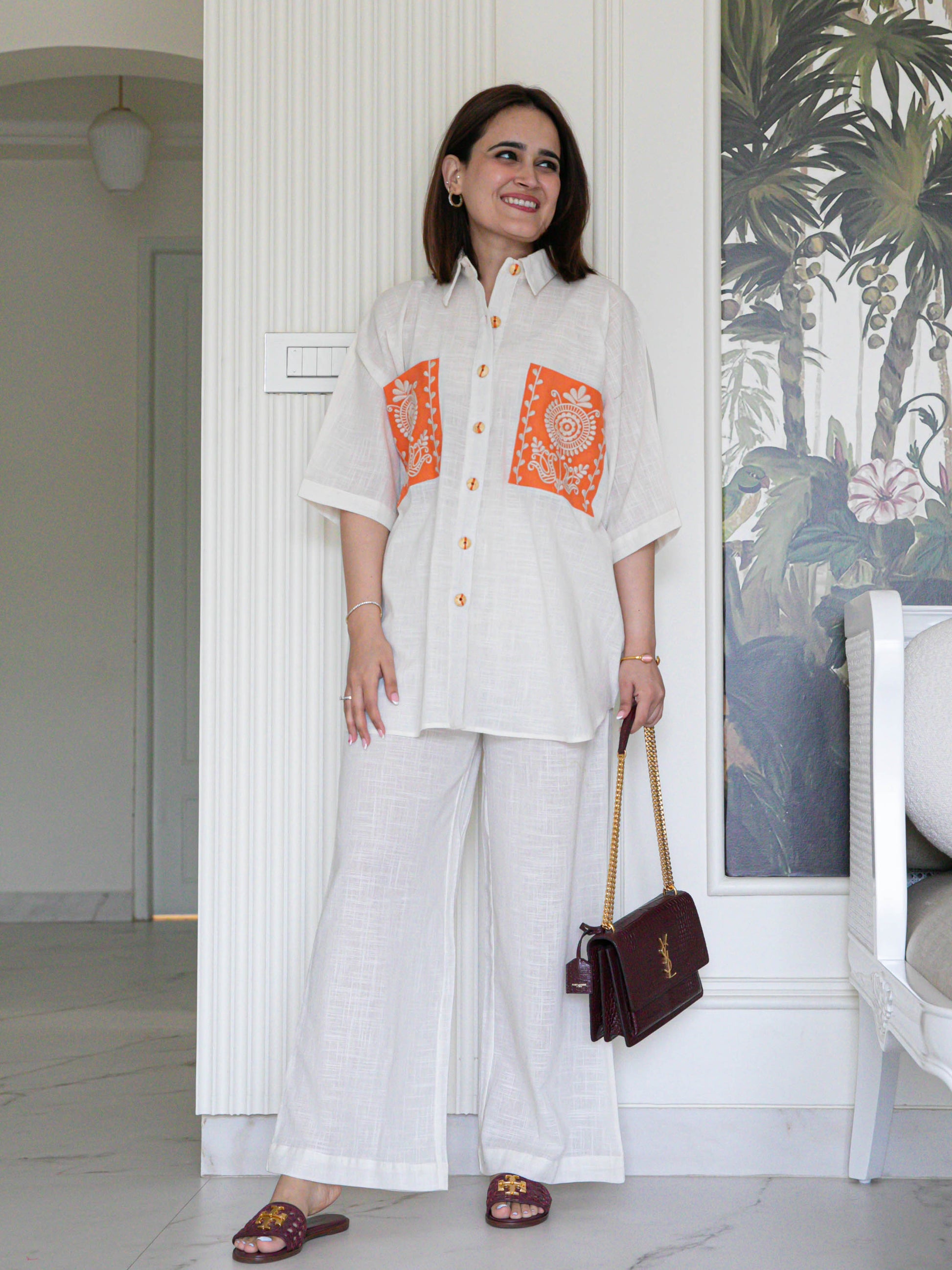 Elegant Cotton Slub Co-ord Set with Floral Embroidered Pockets – Women's Summer Outfit
