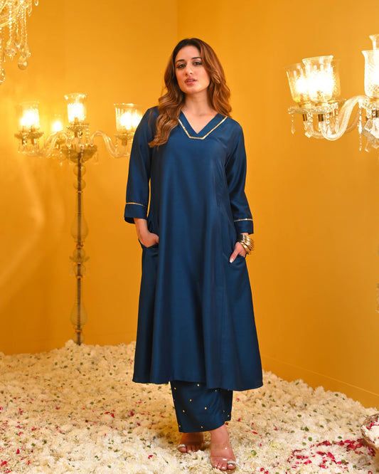 Festive Navy Blue Rayon Kurta Set with Sequin Work | Elegant Women’s Ethnic Wear