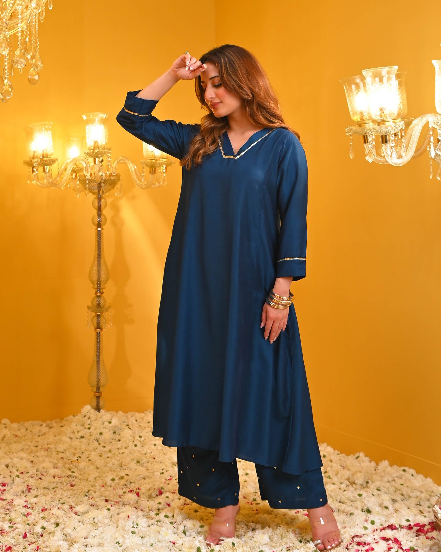 Festive Navy Blue Rayon Kurta Set with Sequin Work | Elegant Women’s Ethnic Wear