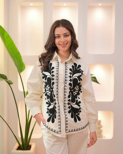 White Embroidered Cotton Co-ord Set | Thread Work Kurta Pant Set | Elegant Ethnic Outfit | Two Piece Summer Suit