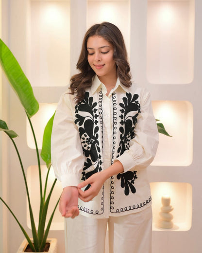 White Embroidered Cotton Co-ord Set | Thread Work Kurta Pant Set | Elegant Ethnic Outfit | Two Piece Summer Suit