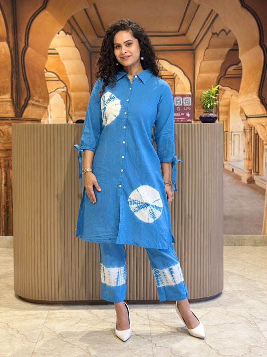 Blue Tie Dye Cotton Kurta Pant Set | Handmade Summer Co-ord Set | Designer Ethnic Outfit | Plus Size Kurti Set