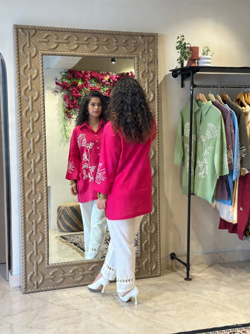 Hot Pink Cotton Kurta Pant Set | Heavy Embroidery Work | 2-Piece Ethnic Outfit with Pocket | Plus Size Kurti Set