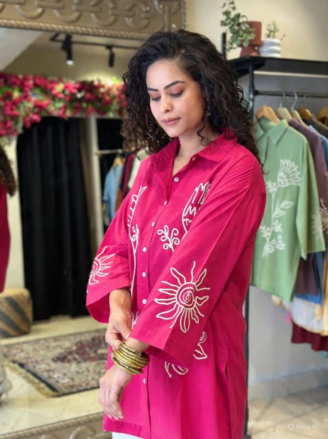 Hot Pink Cotton Kurta Pant Set | Heavy Embroidery Work | 2-Piece Ethnic Outfit with Pocket | Plus Size Kurti Set