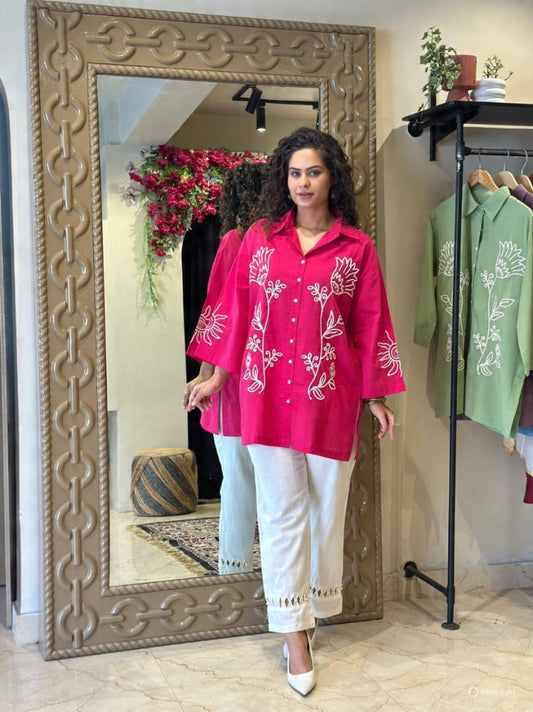 Hot Pink Cotton Kurta Pant Set | Heavy Embroidery Work | 2-Piece Ethnic Outfit with Pocket | Plus Size Kurti Set