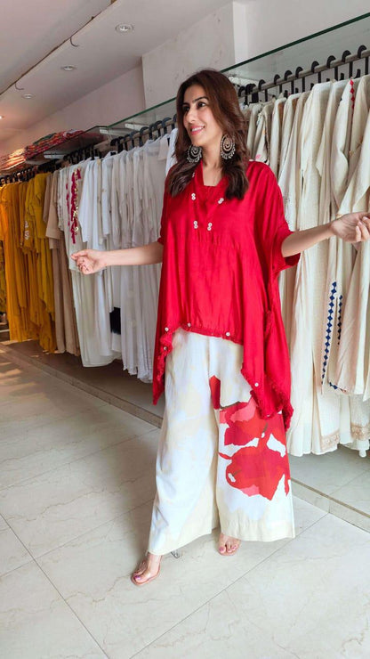 Cotton Co-ord Set for Women | Loose Fit Kaftan Top with Wide Leg Palazzo Pants | Summer Outfit (Pink, Blue, Red Options)