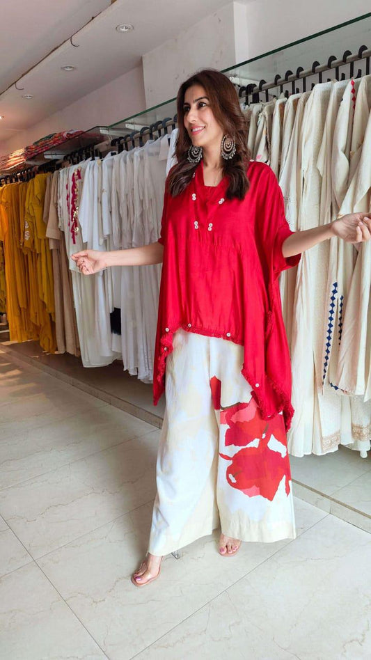 Cotton Co-ord Set for Women | Loose Fit Kaftan Top with Wide Leg Palazzo Pants | Summer Outfit (Pink, Blue, Red Options)