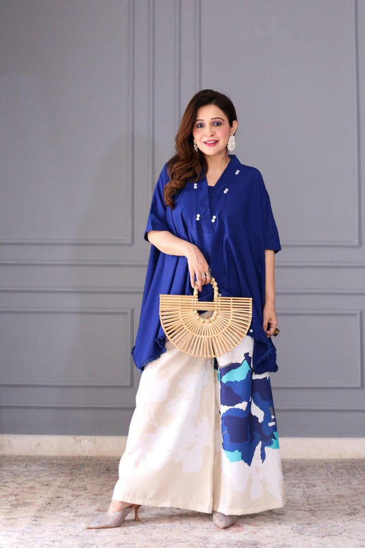 Cotton Co-ord Set for Women | Loose Fit Kaftan Top with Wide Leg Palazzo Pants | Blue Summer Outfit for Travel & Work