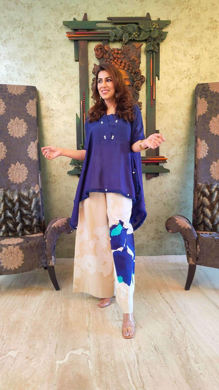 Cotton Co-ord Set for Women | Loose Fit Kaftan Top with Wide Leg Palazzo Pants | Blue Summer Outfit for Travel & Work