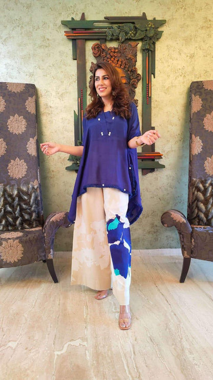 Cotton Co-ord Set for Women | Loose Fit Kaftan Top with Wide Leg Palazzo Pants | Blue Summer Outfit for Travel & Work