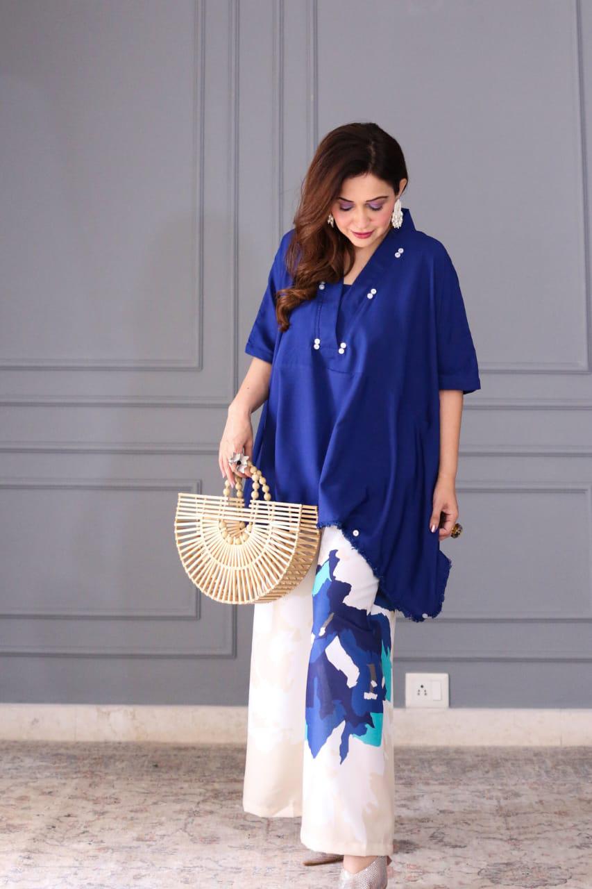 Cotton Co-ord Set for Women | Loose Fit Kaftan Top with Wide Leg Palazzo Pants | Blue Summer Outfit for Travel & Work